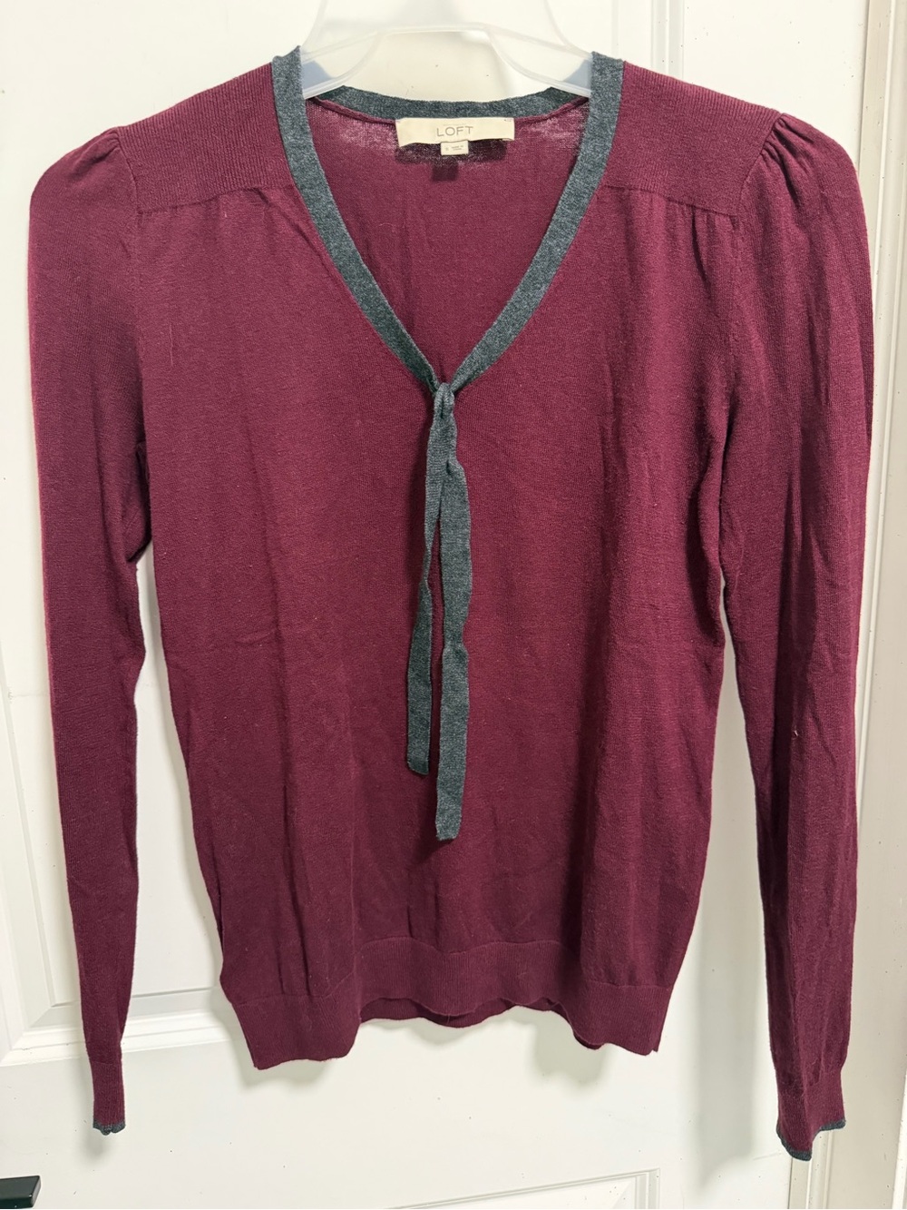 LOFT Deep Berry V-Neck Tie-Front Sweater with Gray Trim